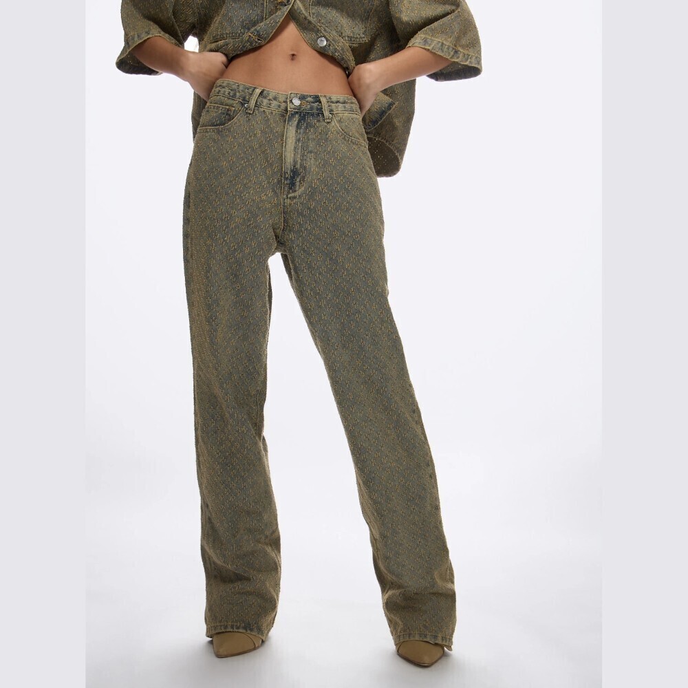 Olive Green Diamond Textured Pattern Denim Straight Leg Jeans